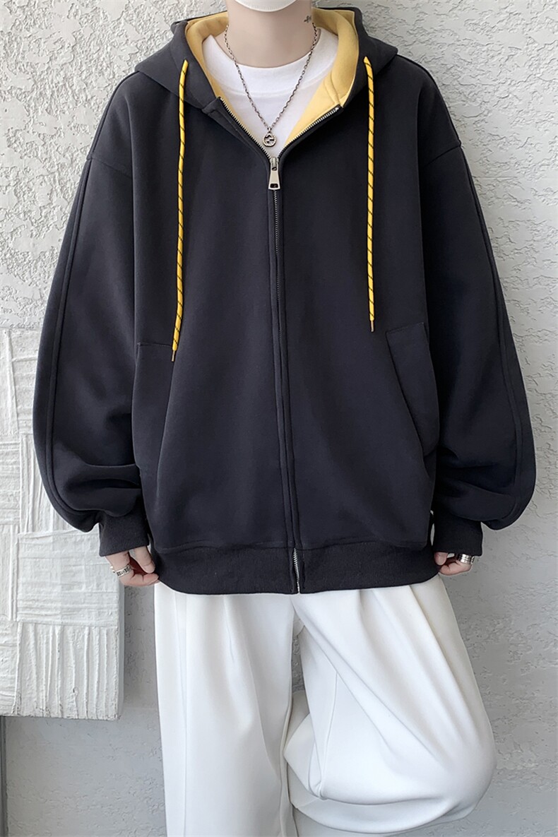 8XL-M秋连帽卫衣男宽松休闲纯色拉链开衫外套拼色帽衫运动WY27P65,女装短外套,电商D206-1