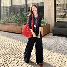 韩版宽松气质温柔针织衫两件套女春秋时尚高腰阔腿裤套装，女装套装/套裙，维壹