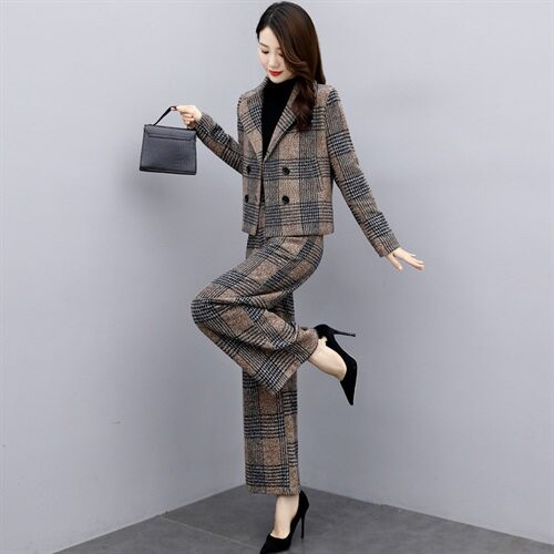 2024新款女装冬两件套裤大码格子毛呢外套阔腿裤休闲时尚套装女潮，女装套装/套裙，香莘料