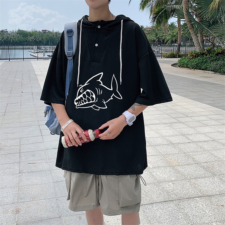 LD54041-P45 连帽短袖t恤男大码胖子带帽五分袖中袖图片