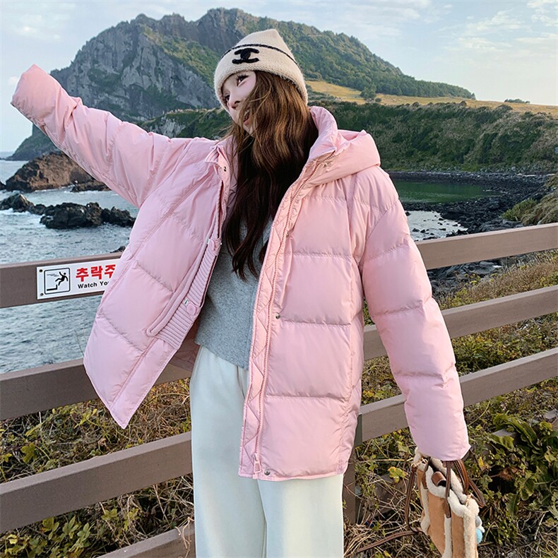 韩系针织拼接粉色连帽羽绒服女冬新款超火好看高级感保暖加厚外套,女装羽绒服,2C108