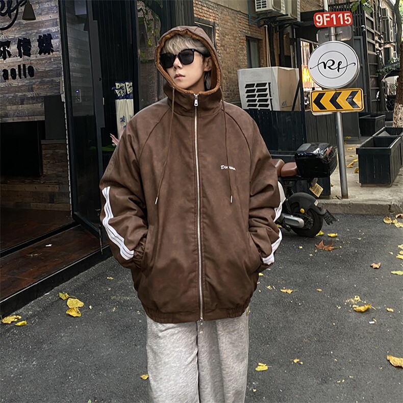 数据美式连帽百搭美拉德三条杠皮衣羊羔绒内胆MF1012P100,男装皮衣,电商A128
