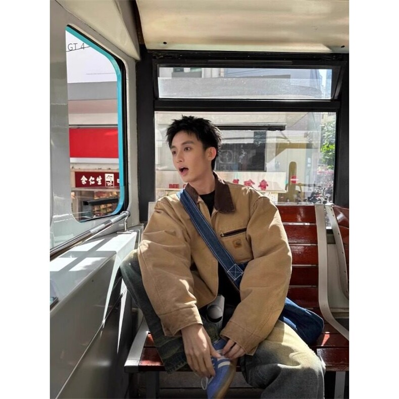 卡其色外套美式复古翻领棒球服高级底特律工装夹克JK7705特P68,男装夹克,星座908-1