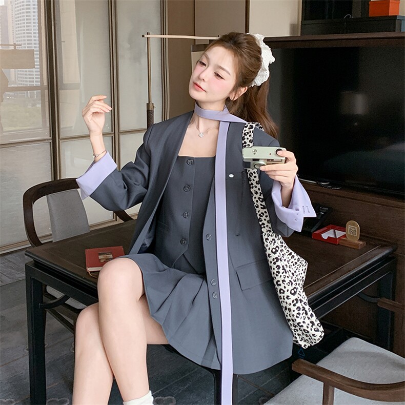 有货25春季【新品】时尚西装百褶裙三件套套装S017-P225-K298图片