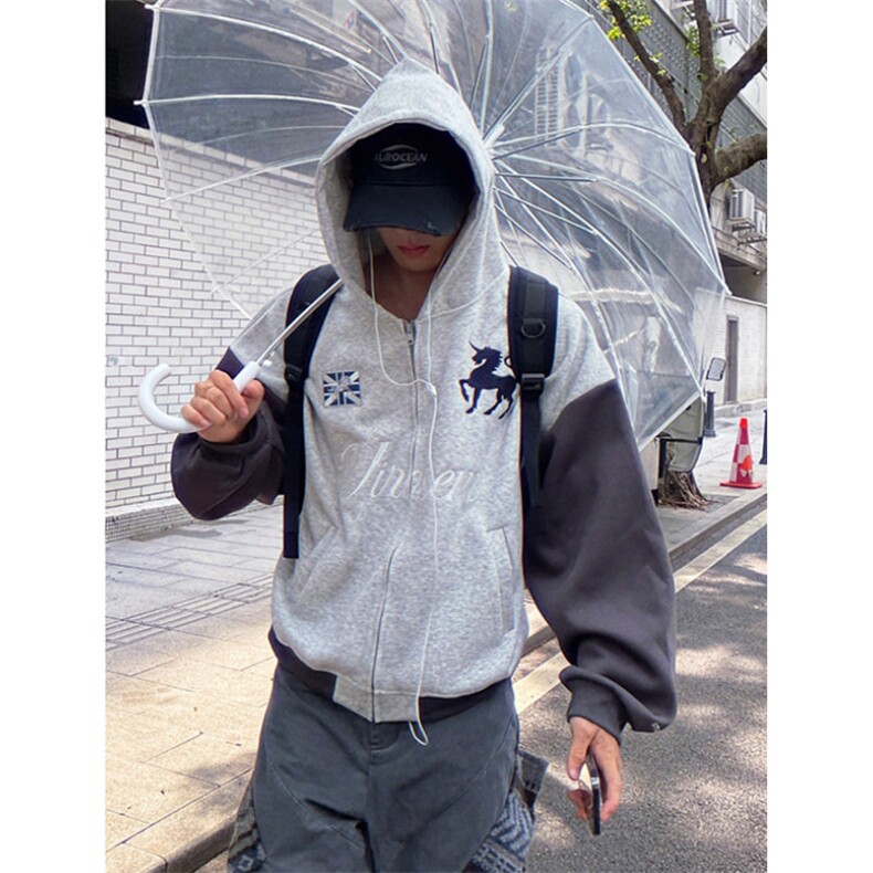 双拉链开衫卫衣男款秋季廓形美式刺绣重磅硬挺连帽外套J06,女装短外套,星座1116A（原606A-3）