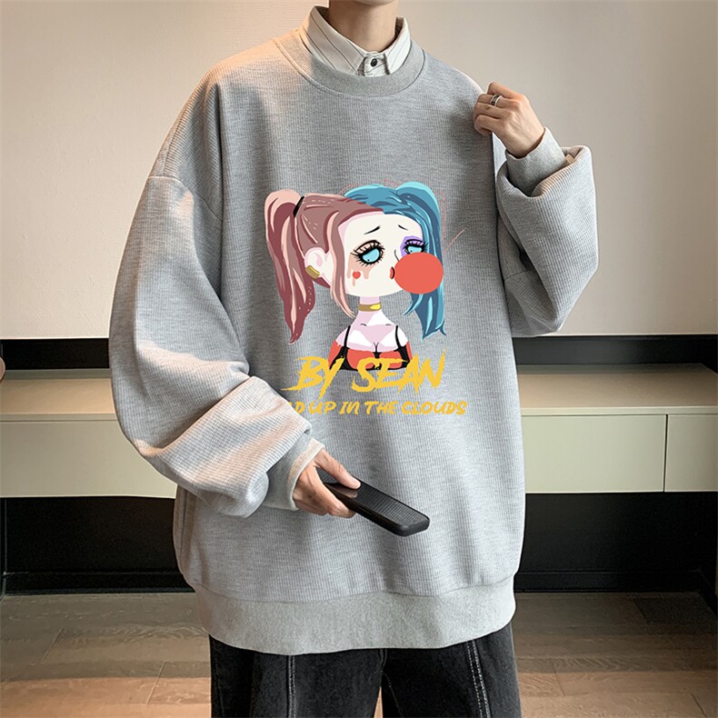 华夫格卫衣圆领卫衣男大码长袖t恤男外套HW76298-P30加绒款-P40,男装卫衣,电商A040