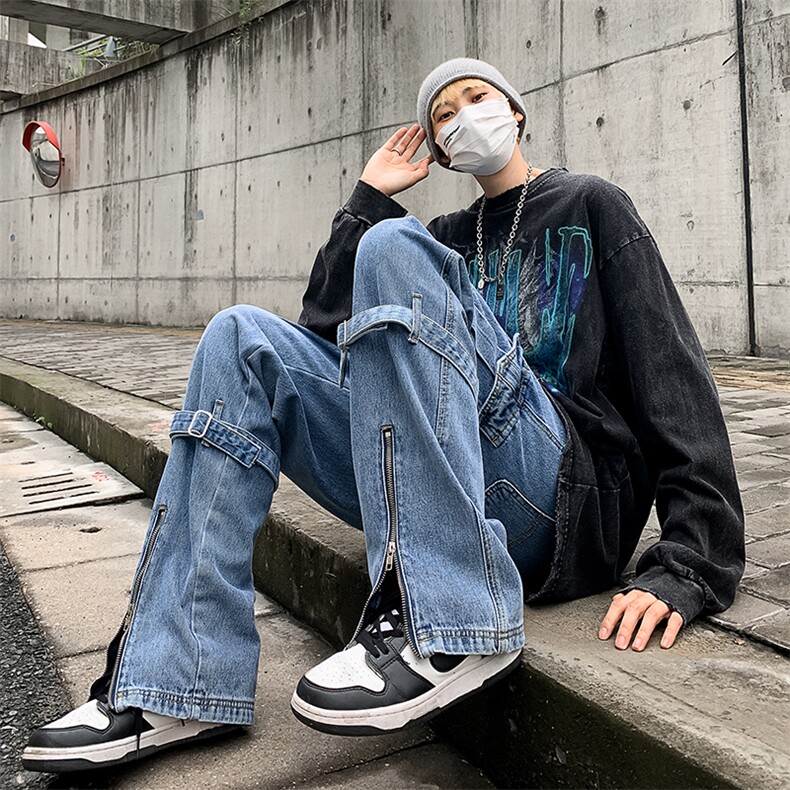 美式绑带牛仔裤男感欧美高街裤vibe裤子宽松直筒长裤N01122-P55图片