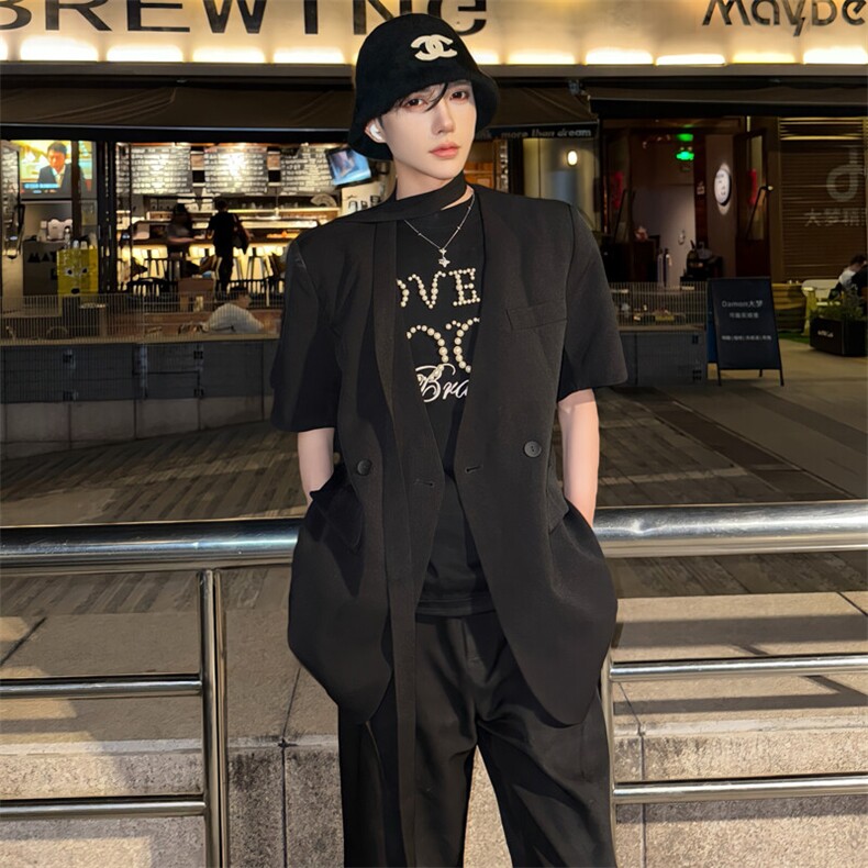 气质设计感长系带中长款V领西装外套上衣夏季5085-P78,男装西服,星座910-5