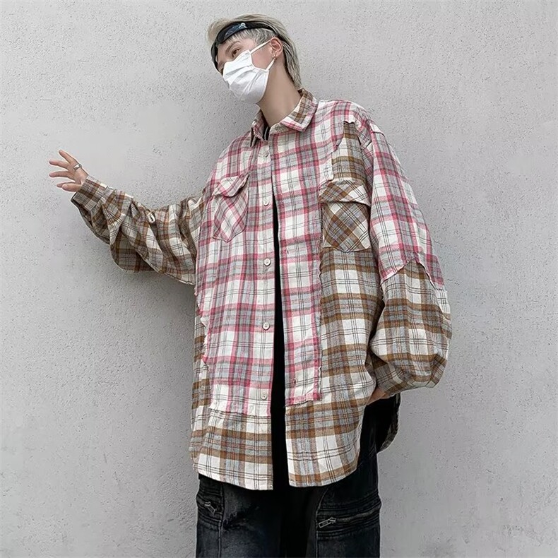 美式复古不规则拼接撞色格子衬衫HC131P48,男装衬衫,星座1116-2
