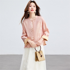 在仓~薄款人丝提花圆领盘扣插肩袖上衣轻薄外套透气时尚潮流外套，女装短外套，新依时派