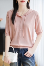 2025夏季新款精纺羊毛帽衫短袖女，女装T恤，晨旭羊绒