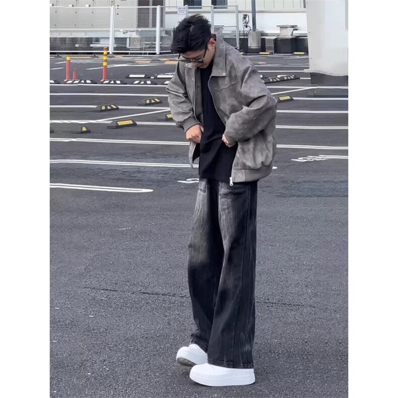 黑色闪电竹节纹牛仔裤男款春秋款工装裤子美式显腿长直筒微喇裤图片