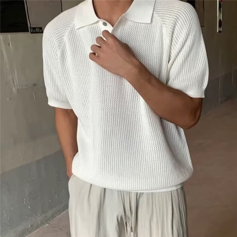 大码男装高级感蜂窝纹插肩袖翻领短袖t恤男夏季亚麻针织上衣,男装T恤,星座506A