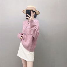 HE|花式纱小香风加厚baby山羊绒针织开衫女圆领毛衣宽松外套，女装针织衫/毛衣，国旺羊绒