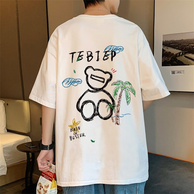 T533P26夏季新款港风纯棉短袖T恤ins衣服宽松半袖体恤小熊上衣图片