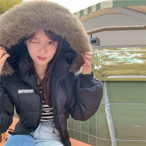 韩系辣妹毛领连帽棉服女2025冬季新款百搭小个子短款保暖棉衣