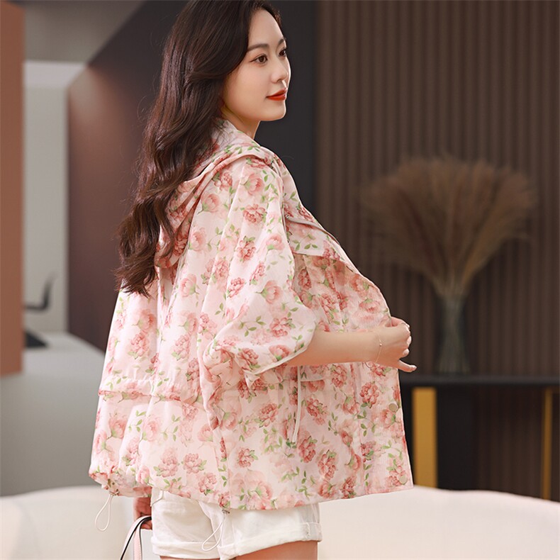 欧货连帽印花短外套女2025年夏季新款薄款透气夹克防晒衣休闲上衣,女装防晒衣,梦芯尔