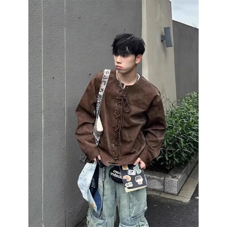 棕色抽绳对襟皮衣外套高级感痞帅小众设计机车夹克 JK344 特P75图片