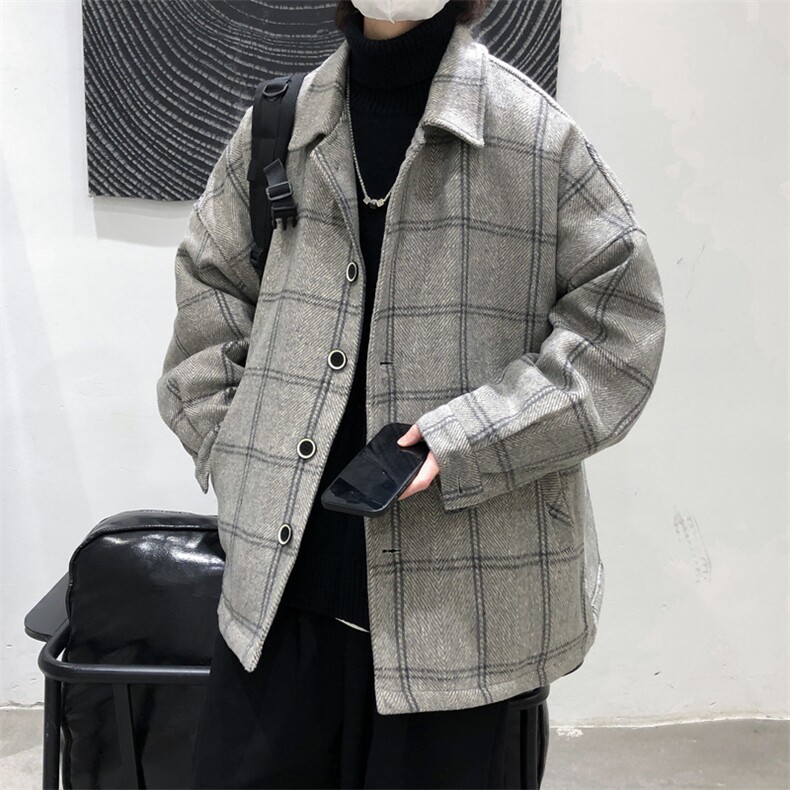 现货呢子外男宽松格子休闲潮流秋季长袖风衣呢料上衣毛呢A509P95,男装风衣,电商A351