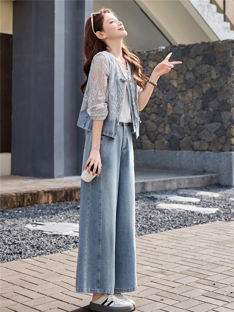 蕾丝拼接牛仔套装女春秋季新款洋气减龄阔腿裤两件套气质,女装套装/套裙,欣品汇