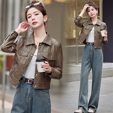 复古皮衣女短款时尚小个子春秋新款2025水洗机车服皮夹克上衣外套，女装皮衣，缘衣格