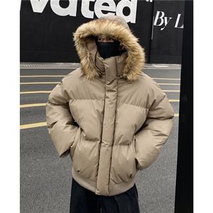 美式复古座山雕棉服男女高街cleanfit短款连帽毛领夹克外套p115图片