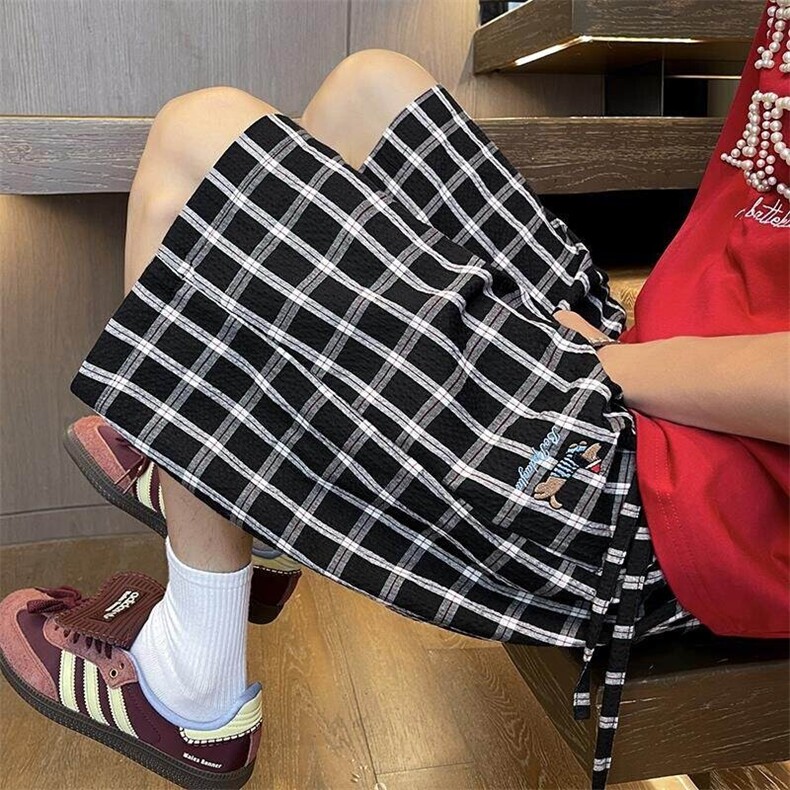 特批P22无差价夏季刺绣腊肠狗撞色格子港风男宽松五分短裤DK5871图片