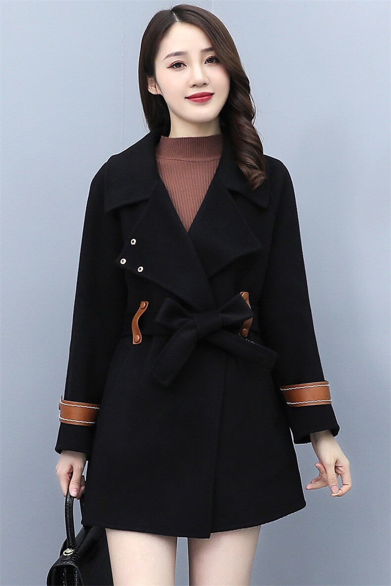 毛呢外套女中长款2021秋冬季新款韩版拼皮系带小个子毛呢外套大衣,女装毛呢外套,千千佰惠
