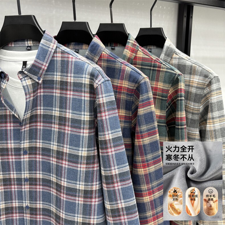FN25195延续加绒冬季保暖长袖加厚衬衣色纺纱纯棉格子衬衫,男装衬衫,钱塘207-1