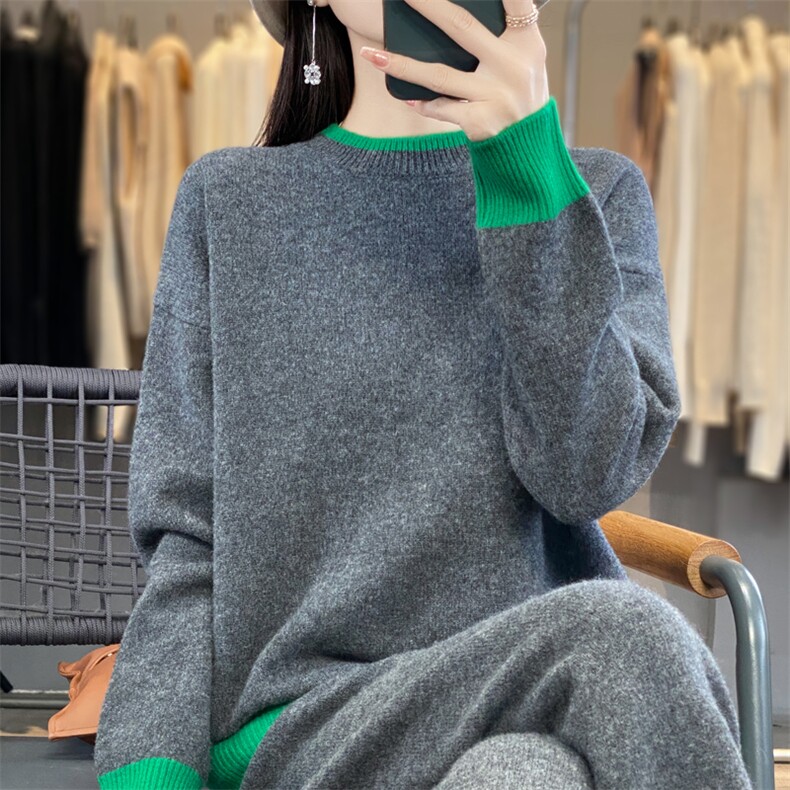 时尚拼色圆领毛衣套装显瘦百搭针织衫女秋冬季新款,女装套装/套裙,宛庄羊绒