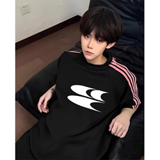 抖音得物品质二开240克宽松纯棉美式潮牌印花三条杠中性风短袖T恤，男装T恤，电商A486-1