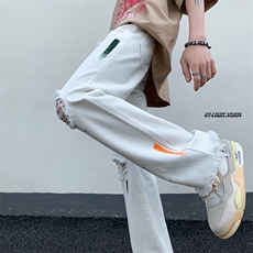 B221美式ins高街暗黑喷墨休闲破洞微喇牛仔裤LK23088-P65控88，男装牛仔裤，电商B221