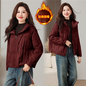 棉服女时尚拼接面料加棉加厚保暖洋气纯色百搭棉外套图片
