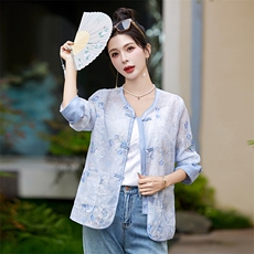 国风刺绣盘扣薄外套女夏季2024新款百搭小香风印花空调衫防晒上衣，女装短外套，众宇琦
