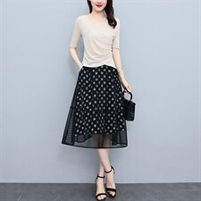 上奶茶色下波点裙