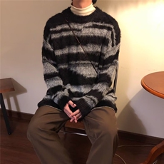 7196-P57仿貂绒条纹复古毛衣男秋冬显瘦慵懒松弛感圆领套头，男装针织衫/毛衣，电商B323A