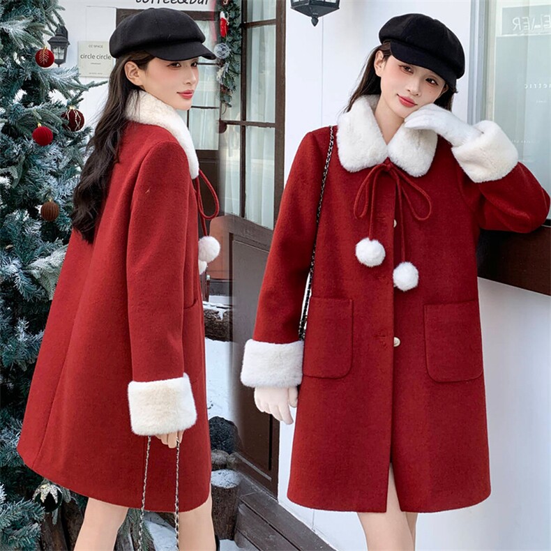 2025年冬季新款韩版时尚优雅气质内胆含90白鸭绒中长款羊毛呢大衣，女装毛呢外套，超帛