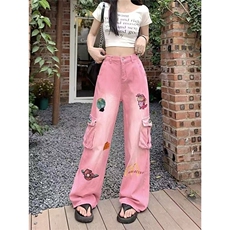 美式vibe复古卡通刺绣粉色工装牛仔裤女高街设计感宽松直筒阔腿裤，男装牛仔裤，星座506A