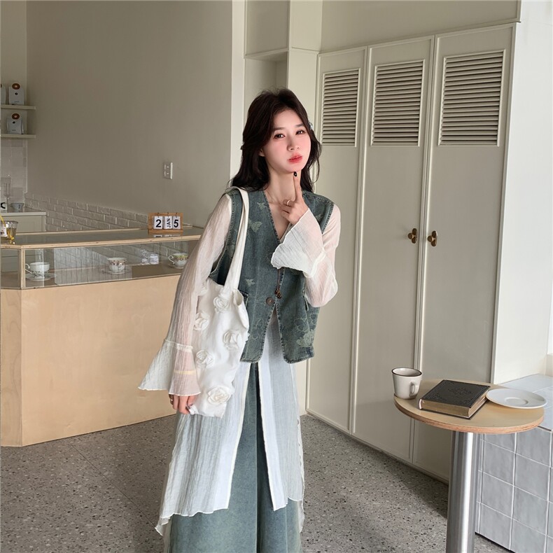 设计感连衣裙打配牛仔马甲套装女春夏季小众阔腿裤三件套减龄,女装套装/套裙,浙宝190