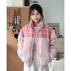 冬季新款韩版拼接格子立领棉服外套女保暖宽松百搭面包服棉衣女潮，男装棉衣，星座506A