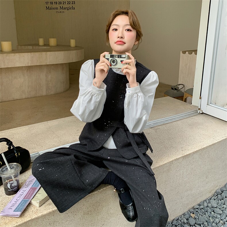 现货撒银新面料白衬衫马甲阔腿裤裤三件套2C239-H51-P195K278,女装套装/套裙,2C239