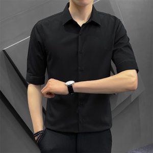 冰丝夏季衬衫男韩版修身潮流五分袖商务高级感白衬衣8315P65控118图片