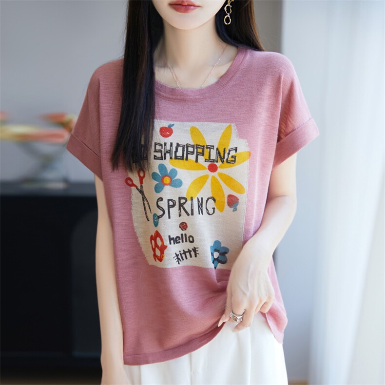 竹节麻针织短袖T恤女2025新款夏季时尚宽松小熊体恤薄款打底上衣,针织衫/毛衣,大美人高端店