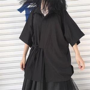 暗黑日系短袖衬衫男女绑带设计宽松大码七分袖外套2025夏季新款图片