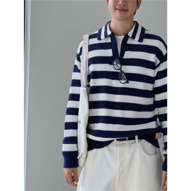 海鸥领海军蓝新贵老钱松弛感条纹毛衣男针织衫,男装针织衫/毛衣,星座1210-1