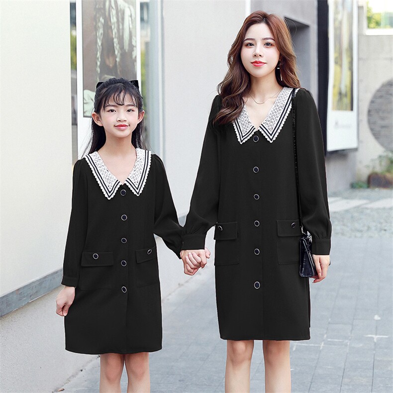 2021春秋季新款蕾丝花边领宽松款亲子连衣裙显瘦百搭简约女,女装连衣裙,安之芮娜