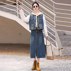 牛仔马甲套装女2025年新款春秋港风复古开叉一步裙子半身裙两件套，女装套装/套裙，意芙