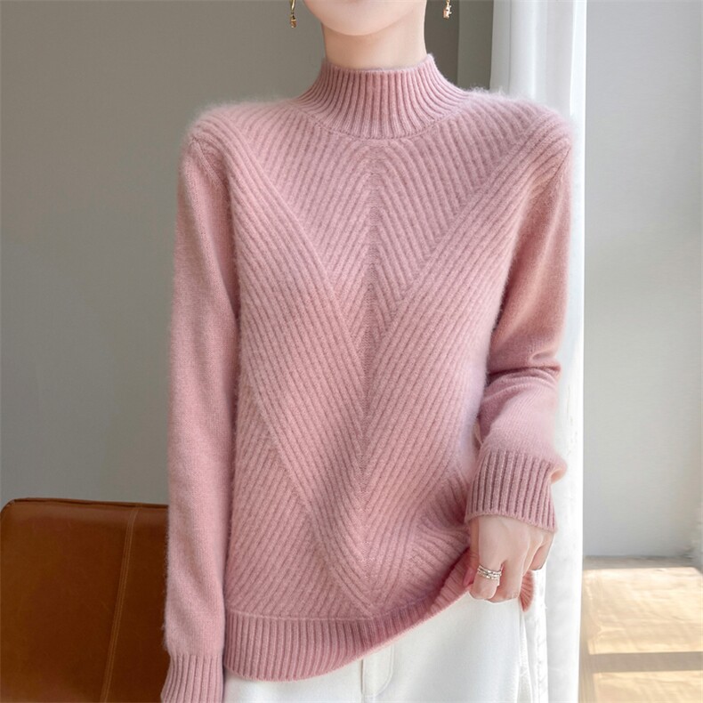 2025秋冬款半高领斜纹提花100%纯羊毛衫女加厚宽松羊绒衫针织毛衣,女装羊毛衫,九嘉羊绒