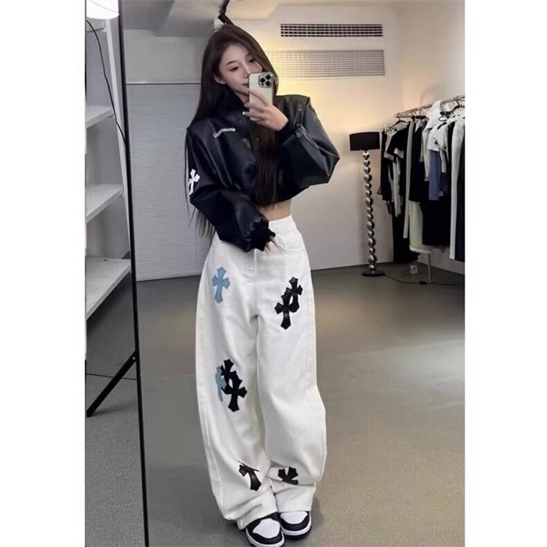 美式牛仔裤女皮标刺绣十字架炸街拖地阔腿长裤N01155-P50，男装牛仔裤，星座308B-2