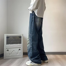 美式高街牛仔裤男韩版潮流拼接个性帅2024秋冬ins长裤RK1061-P50，男装牛仔裤，星座412-2